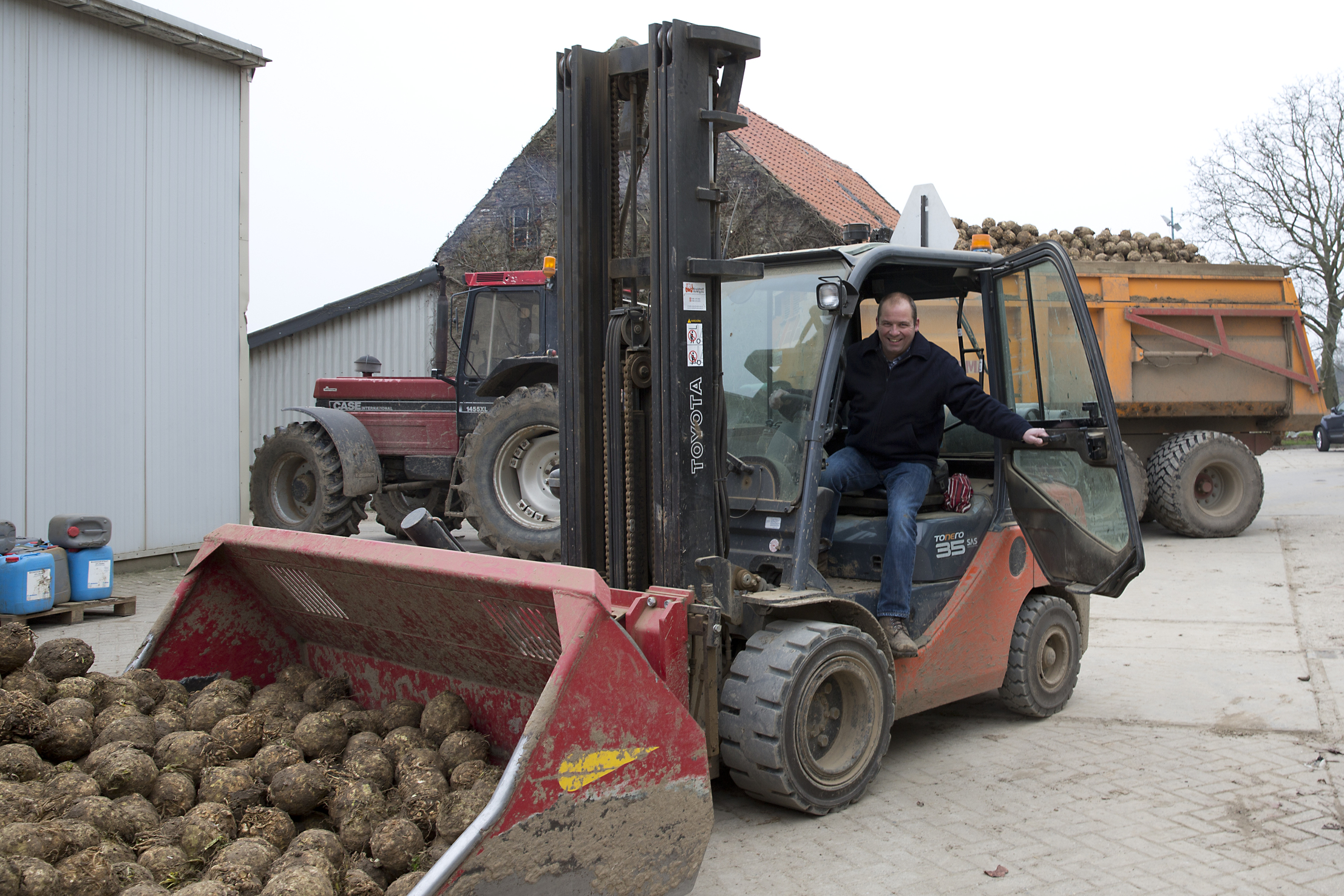 novifarm jan boer op een tractor met knolselderij in de shovel